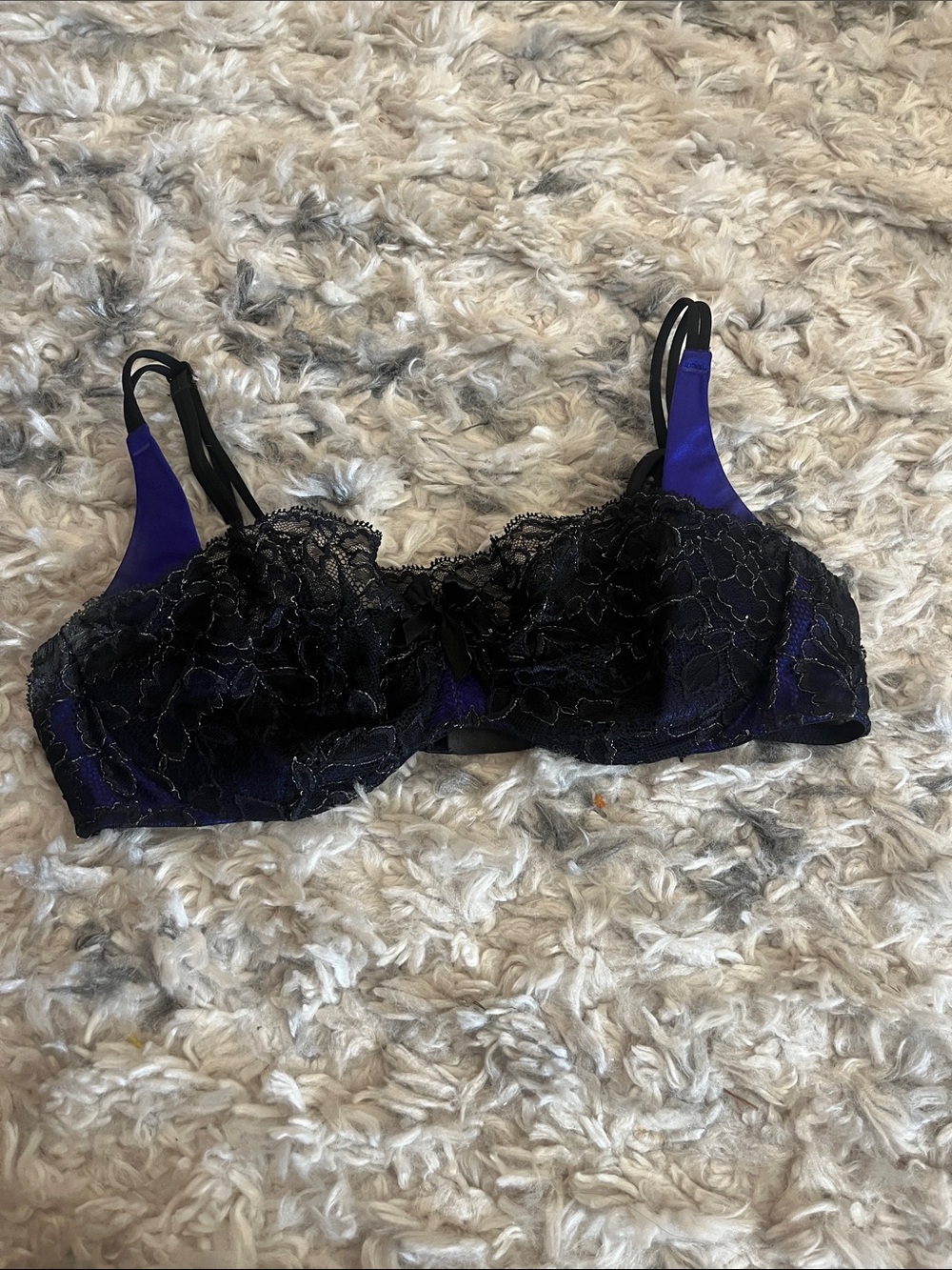 Victoria's Secret Black Lace Bra with Purple Satin Panels balconette 36D